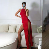 Joskaa Sexy Striped Double Split Maxi Dress Women Slim O-neck Sleeveless High Waist Female Dresses 2024 Summer Lady Casual Beach Robe