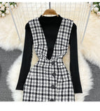 Joskaa Woolen Plaid Suit Skirt Female Strap Dress Two-piece Sweater