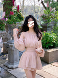 Joskaa 2025 Summer Pink Sweet 2 Piece Dress Set Woman Long Sleeve Retro Blouse + Y2k Mini Skirt Office Lady Korean Fashion Suit Chiffon