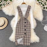 Joskaa Woolen Plaid Suit Skirt Female Strap Dress Two-piece Sweater