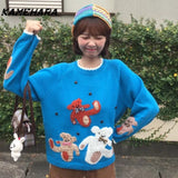 Joskaa Sweet Japanese College Style Cartoon Teddy Bear Jacquard Design Pullover Sweaters Autumn Winter Warm Knit Y2k Pullovers