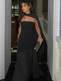 Joskaa New Shawl Collar Off Shoulder Maxi Dress Summer Women Patchwork Solid Color Midi Vestidos Fashion Lady Holiday Party Robes 2025