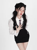 Joskaa Korean Preppy Style Dress Women Y2k Sweet Spicy Fashion Fake Two-piece Set Bubble Sleeves Polo Collar Mini Dress Autumn Summer