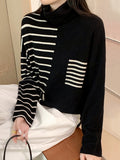 christmas outfit Joskaa Long Sleeves Loose Contrast Color Striped High Neck Pullovers Sweater Tops