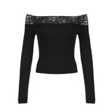 Joskaa Black Lace Stitched Slash Neck Crop Tops Elegant Sexy Skinny Long Sleeve T-Shirts Women Harajuku Y2k Spring Tees Basic