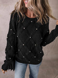 christmas outfit Joskaa Long Sleeves Loose Beaded Round-Neck Pullovers Sweater Tops