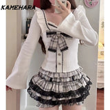 Joskaa Cute Soft Girl Style Gray White Checkered Lace Patchwork Short Skirt Bow Waist Cinching Patchwork Top Autumn Y2k Sets