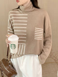 christmas outfit Joskaa Long Sleeves Loose Contrast Color Striped High Neck Pullovers Sweater Tops