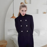 Joskaa Elegant Women's Woolen Pea Coats Loose Stand Collar Double Breasted Full Sleeve Female Jacket 2024 Autumn Winter Lady Overcoat