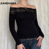 Joskaa Black Lace Stitched Slash Neck Crop Tops Elegant Sexy Skinny Long Sleeve T-Shirts Women Harajuku Y2k Spring Tees Basic