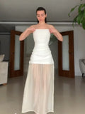 Joskaa Elegant Off Shoulder Patchwork Mesh Hem Dress Chic Pleated Strapless See Through Woman Vestidos Fashion Lady Vocation Party Robe