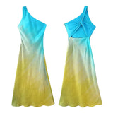 Joskaa Elegant Gradient One Shoulder Long Dress Women Satin Sleeveless Backless Female Party Dresses 2024 Summer Lady Tie Dyed Robe New