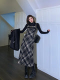 Joskaa 2025 Autumn Elegant Plaid  2 Piece Dress Set Women Outwear Casual Black Blouse + Vintage Slim Strap Dress Korean Fashion Suit