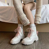 Joskaa Sweet Cool  Boots Women's Summer Pink Bow Lacquer Leather Skinny Motorcycle Boots English Style Thick Sole Short Boots