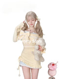 Joskaa Japanese Sweet Cute Fake Two Piece Dress for Women Kawaii Bow Long Sleeve Slim Dress Autumn Fairy Lace Off Shoulder Party Dress
