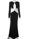 Joskaa Sexy Hollow Out Long Party Dress Women Slim O-neck Long Sleeve Backless Female Dresses 2024 Summer Autumn Lady Night Club Robes