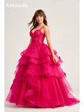 Joskaa Gorgeous Ball Gown Prom Dress Fuchsia 3D Flower Vestidos De Fiesta Spaghetti Strap Multilayer Wedding Dress فساتين سهرة-(PRE-ORDER)