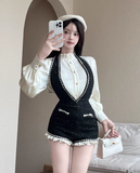 Joskaa 2025 Autumn French Sweet Hot Girl Commuting Suit Women Halter Strap Shorts Ruffled Long Sleeve Shirt Elegant Slim 2 Piece Set