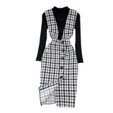 Joskaa Woolen Plaid Suit Skirt Female Strap Dress Two-piece Sweater