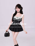 Joskaa Summer Fashion Sweet 2 Piece Set Women Kawaii Square Neck Lace Plaid Patchwork Tops + Cute High Waist Mini Skirt Female Chothing