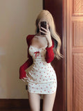 Joskaa Korean 2 Piece Dress Sets Women Casual Knitted Short Cardigan + Outwear Elegant Sweet Floral Strap Mini Dress Chic 2025 Spring