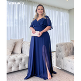 Joskaa Comfy Chiffon A-line Prom Dress Side Split Vestidos De Fiesta Navy Blue Puffy Sleeve فساتين سهرة-(PRE-ORDER)