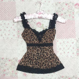 Joskaa Leopard print suspenders gothic lace decoration Harajuku Y2K tops emo city girl sexy silm rock punk hip hops Street women's tops