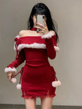 Joskaa 2025 Winter Christmas Red Slim Knitted Mini Dress Even Party One Piece Dress Korean Fashion Casual Sweet Elegant Dress Woman