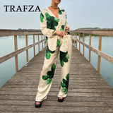 thanksgiving outfit Joskaa 2024 Spring Summer Casual Women Print Suits Fashion Streetwear Turndown Collar Loose Shirts+High Waist Wide leg pants