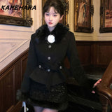 Joskaa Japanese Sweet Y2k Woolen Patchwork Collar Cotton Lining Thick Coats Retro Mini Short Skirts Temperament Two-piece Sets