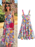 Joskaa Elegant Printed Ruffles Strap Dress Women Fashion Sleeveless Backless Patchwork Female Maxi Dresses 2024 Lady Holiday Beach Robe