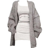 Joskaa 2025 Grey Knitted Clothing Suit Korean Fashion 2 Piece Set Woman Long Sweater Coat + Elegant Strap Y2k Mini Dress Office Lady