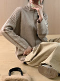 christmas outfit Joskaa Long Sleeves Loose Contrast Color High Neck Pullovers Sweater Tops