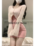 Joskaa Autumn Sexy Strap Y2k Mini Dress Sets Women Pink Sweet Sweater Tops Elegant Bodycon Slim 2 Piece Skirt Dress Korean Fashion 2025