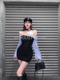 Joskaa Woman  American Style Vintage Off Shoulder Lace Up Sexy Dress New Streetwear Casual Y2k Mini Dress Patchwork Fashion Slim Dress