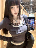 Joskaa Korean Fashion Knitted Fake Two Tops Basic Slim Bodycon Sweater Blouse Outwear Design Long Sleeve Clothing 2025 Autumn Chic