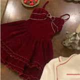 Joskaa 2025 Spring Red Velvet Dress Suit Woman Elegant Sleeveless Y2k Mini Dress Slim Casual Lace Blouse Korean Fashion Set Design