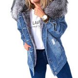 christmas outfit Joskaa Women Winter Warm Fluffy Collar Hooded Denim Jacket Thick Plush Lined Warm Long Sleeve Jean Coat Button Down Oversized Loose Out