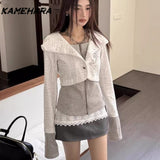 Joskaa American Retro Patchwork Knitted Hooded Sweatshirt Jacket Autumn High-end Feeling Y2k Spicy Girl Slim Fit Short Jackets