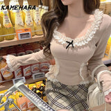 Joskaa Sexy Square Collar Lace Ruffle Patchwork Long Sleeve Slim Spicy Girl Y2k Tops Spring New Bottoming Graphic T Shirts