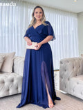 Joskaa Comfy Chiffon A-line Prom Dress Side Split Vestidos De Fiesta Navy Blue Puffy Sleeve فساتين سهرة-(PRE-ORDER)