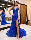 Joskaa Sapphire Blue Evening Dress Sexy Spaghetti Strap Fishtail Prom Dress 2024 Glitter Mermaid Party Dress فساتين مناسبة رسمية-(PRE-ORDER)