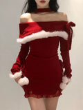 Joskaa 2025 Winter Christmas Red Slim Knitted Mini Dress Even Party One Piece Dress Korean Fashion Casual Sweet Elegant Dress Woman