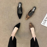 Joskaa Women Slippers Pointed Toe Leopard Design Shallow Slip on Thin Low Heels Black Flock Design Casual Mules Loafers Black Outdoor