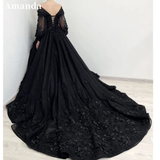 Joskaa Puffy Sleeve Prom Dress Luxury 3D Flower Long Train Vestidos De Fiesta Gothic Ball Gown Wedding Dress فساتين سهرة-(PRE-ORDER)