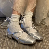 Joskaa Spring Square Toe Ballet Shoes Fashion Low Heel Mary Jane Shoes Casaul Silver Cross Buckle Shallow Soft Sole Shoes