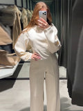 thanksgiving outfit Joskaa Elegant Top Pants Sets Women Long Sleeve O-neck Pleated Slim Waist Tops Wide Leg Trousers 2024 Autumn Fashion Office Lady Suits