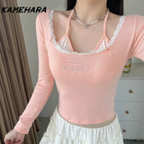 Joskaa Fashion Sexy Lace Edge Fake Two-piece Base T-shirt Women's Bow Slimming Pure Desire Casual Lady Long Sleeved Y2k Camis