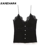 Joskaa Japanese Shibuya Street V-neck Strap Fashion Sexy Solid Color Buckle Lace Ribbed Strap Vest Y2k Tank Top Women 민소ë§?í‹?여성