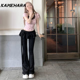 Joskaa Japanese Soft Girl Cake Fake Two Piece Skirt Pant Female Harajuku Style Y2k Sexy Slim Fit Slightly Flared Wide Leg Pant